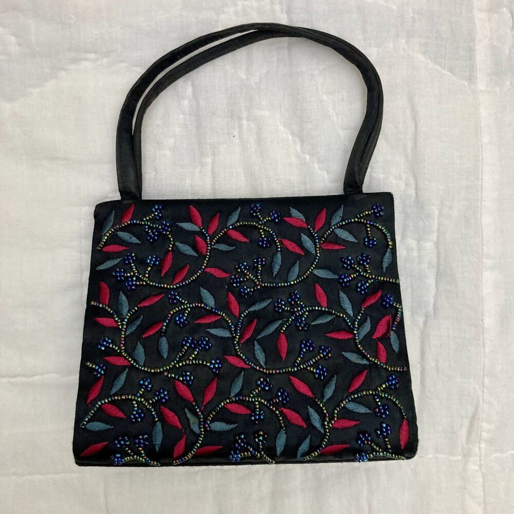 Vintage La Regale Black Floral Embroidered Beaded Handbag with Shoulder Strap